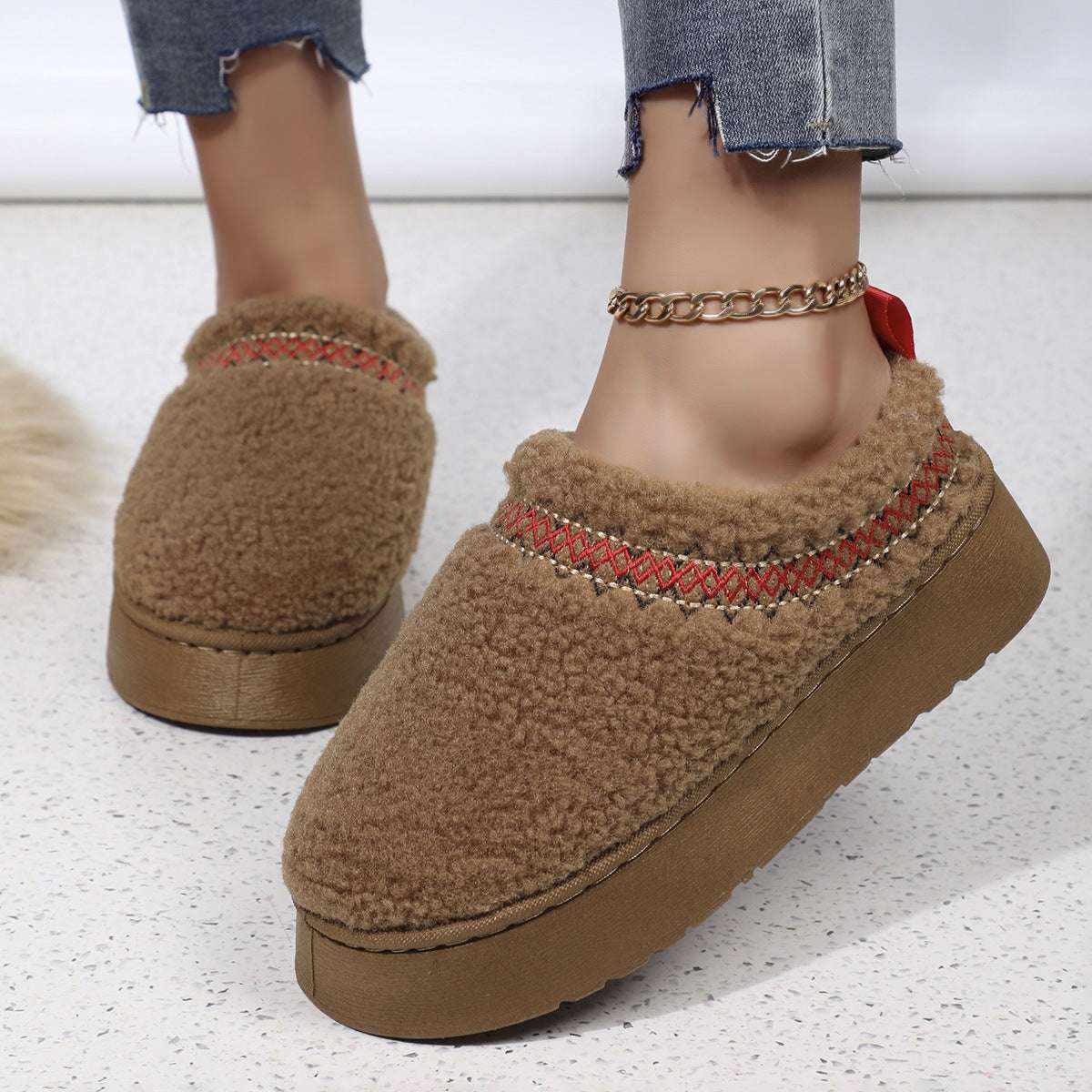 New Ethnic Plush Slippers – Thick Sole Warm Winter Shoes New Ethnic Style Sewing-edge Plush Slipp | Ectron Online