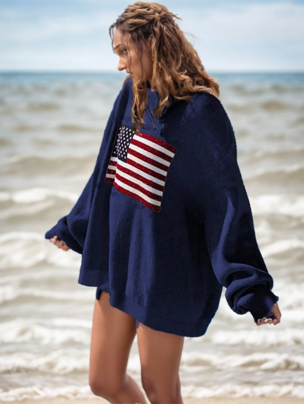 Usa Flag Design Drop Shoulder Sweater,Long Sleeve Tops