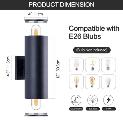 Matte black cylinder outdoor wall light with wall mount and visible bulb socket
