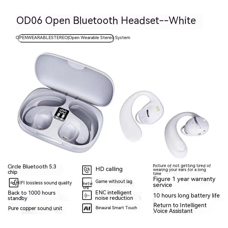 White wireless bone conduction ear clip headset with charging case and earbuds