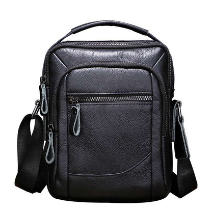 Men's leather business bag, black leather with curved front panel and zipper pocket