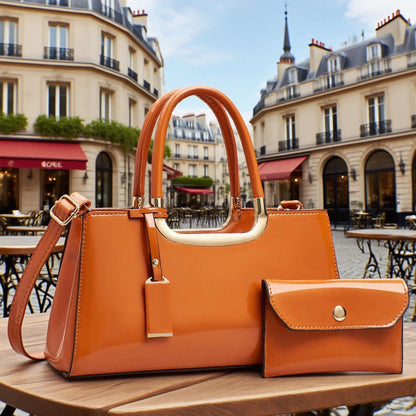 Orange hobo shoulder bag with gold-tone handle and matching flap wallet pouch