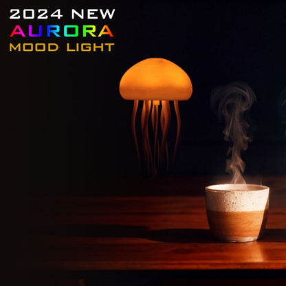 Orange jellyfish lamp with long dark tentacles and warm light dome