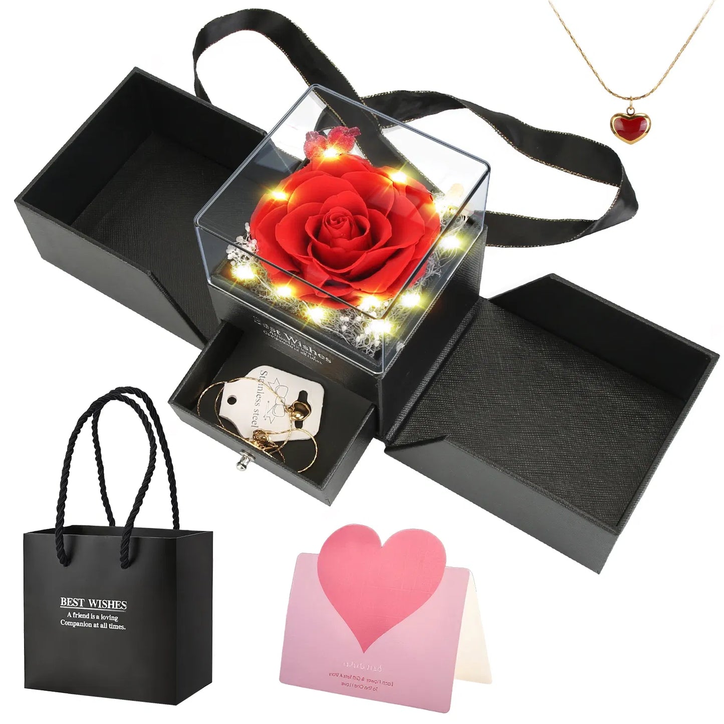 Preserved Red Real Rose with Heart Necklace