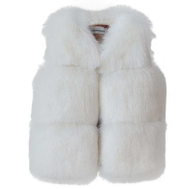 White faux fur baby winter vest with snap front and two-tone trim
