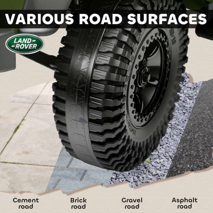 Close-up of dark green kids ride-on SUV tire tread and wheel