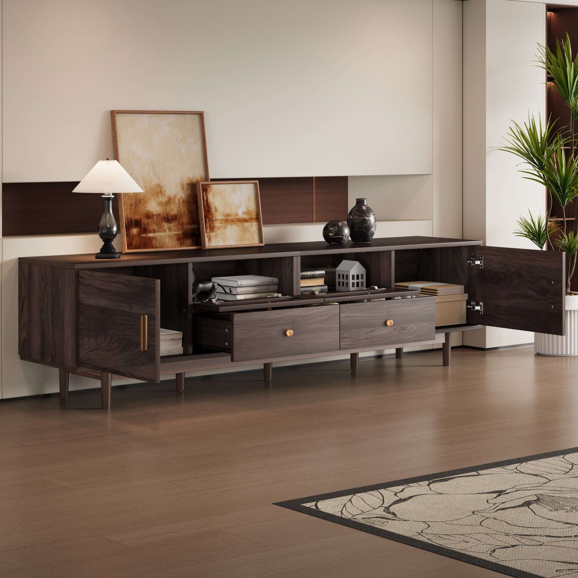 Dark brown TV stand with drawers and open center shelves, gold handle accents