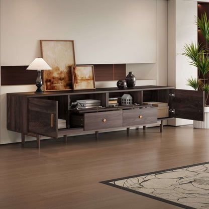 Dark brown TV stand with drawers and open center shelves, gold handle accents