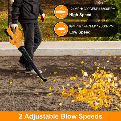 Orange cordless leaf blower with black tube clearing leaves on a walkway