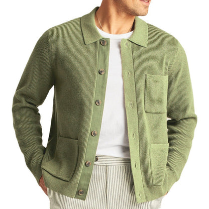 Green men’s button-front sweater with shirt collar and patch pockets, front view