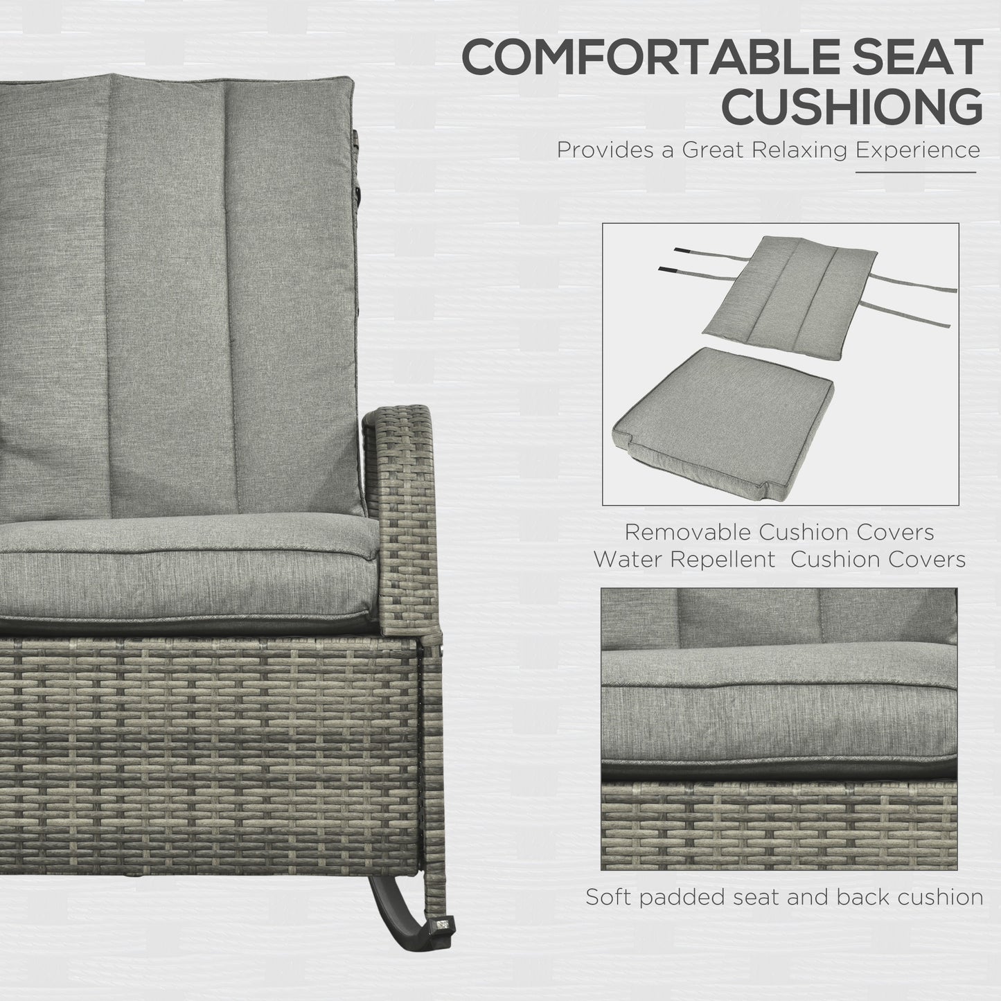 Gray wicker rocking recliner with padded seat and back cushion, shown side view