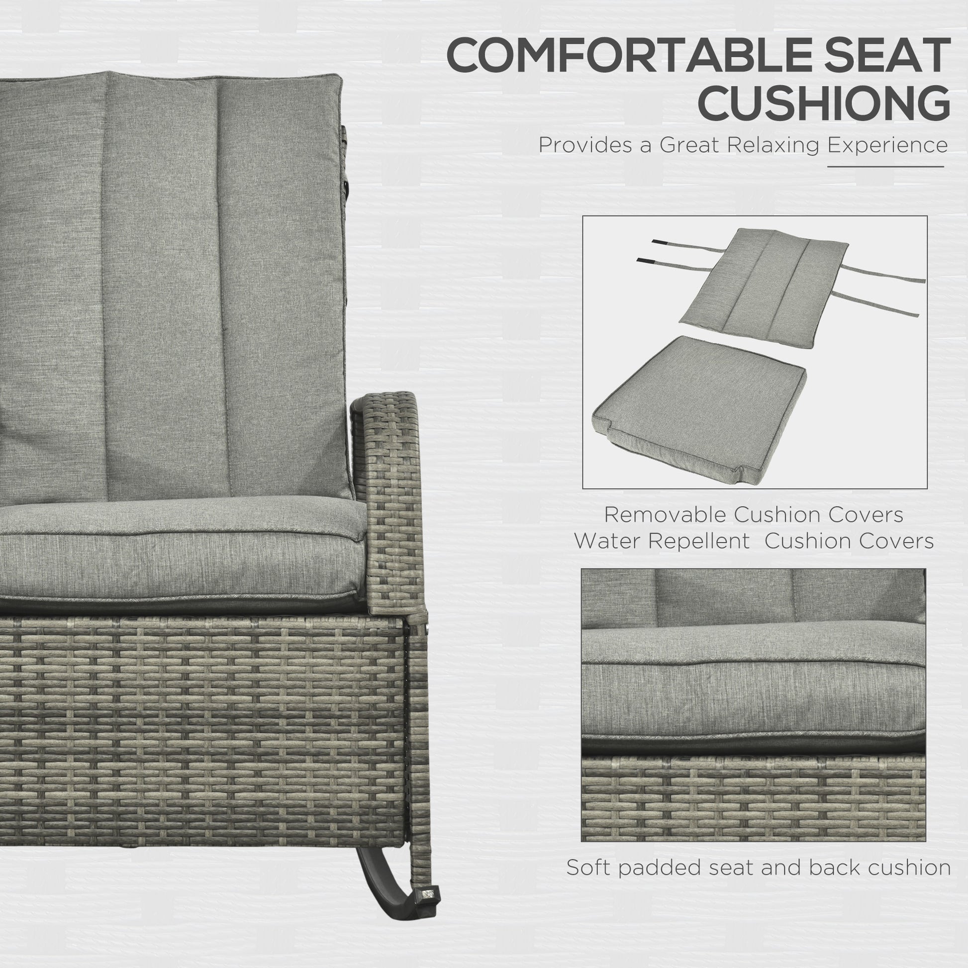 Gray wicker rocking recliner with padded seat and back cushion, shown side view