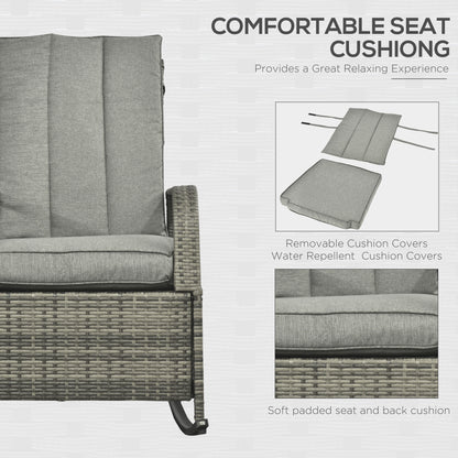 Gray wicker rocking recliner with padded seat and back cushion, shown side view