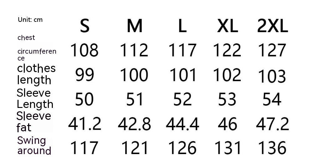 Size chart for clothing measurements in centimeters and inches.
