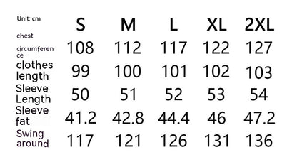 Size chart for clothing measurements in centimeters and inches.