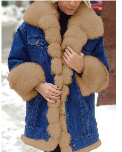 Women's Fur-Lined Denim Long Coat | Luxury Jean Overcoat with Fur Ladies Fur One Denim Long Long Sleeve Co | Ectron Online