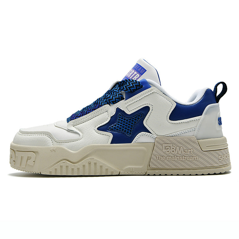 Blue low top sneakers with white upper and side mesh panels, beige sole