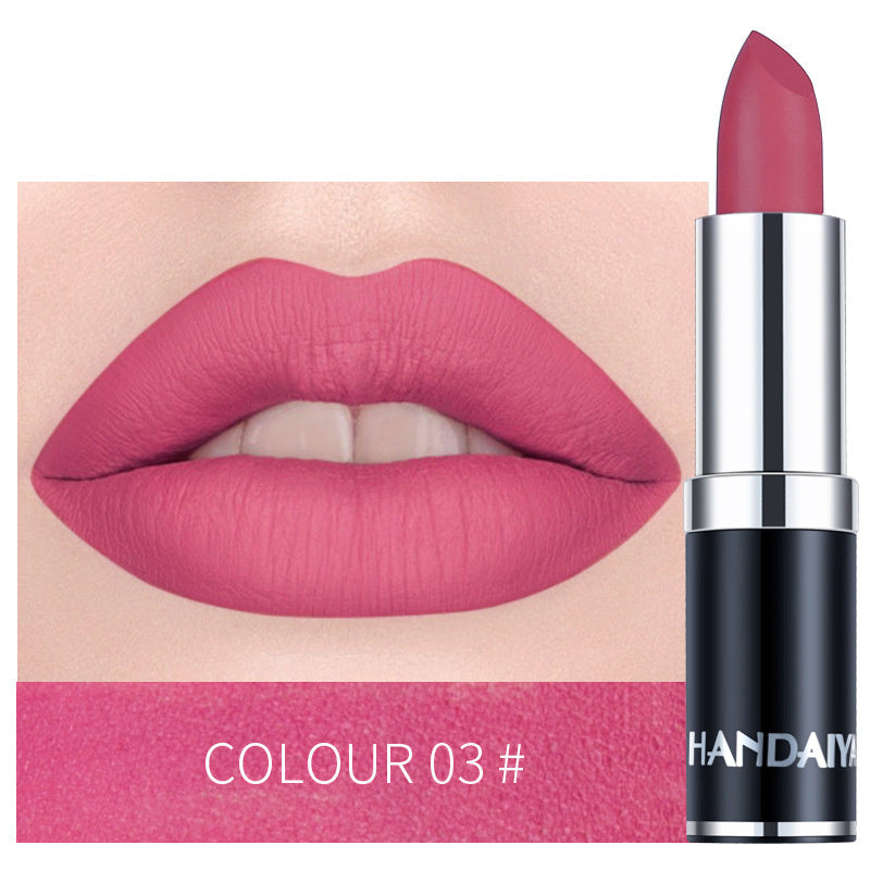 Moisturizing lipstick in rosy pink, shade 03, with silver-and-black tube