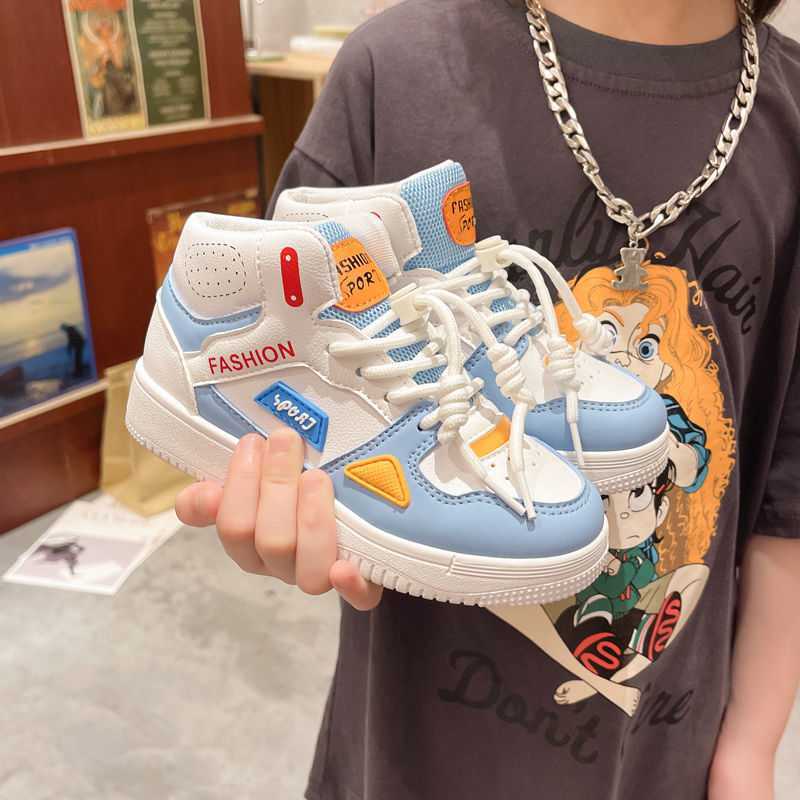 Girls' high-top sneakers, light blue and white with orange triangle detail and laces