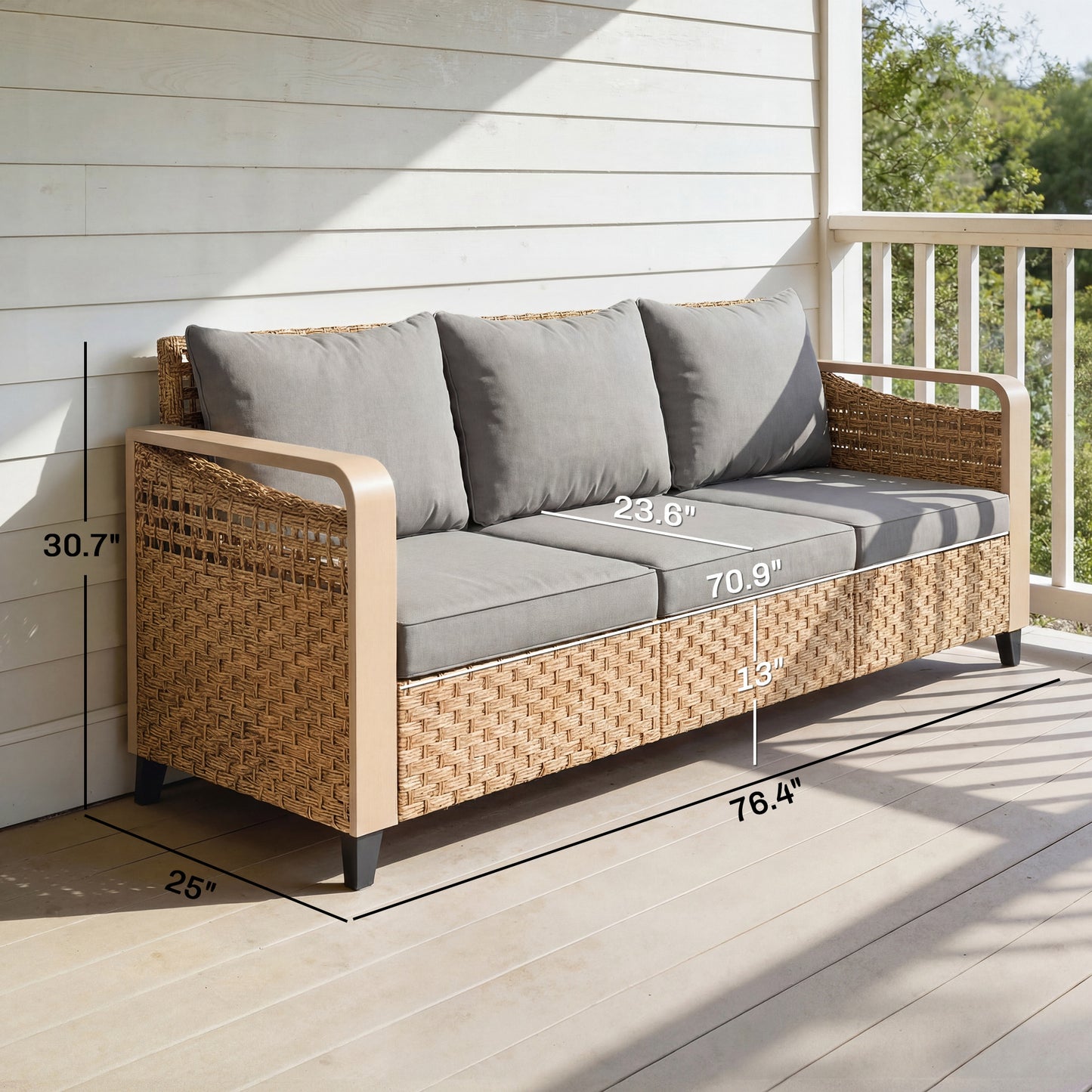 3-seat rattan outdoor sofa with gray cushions on patio