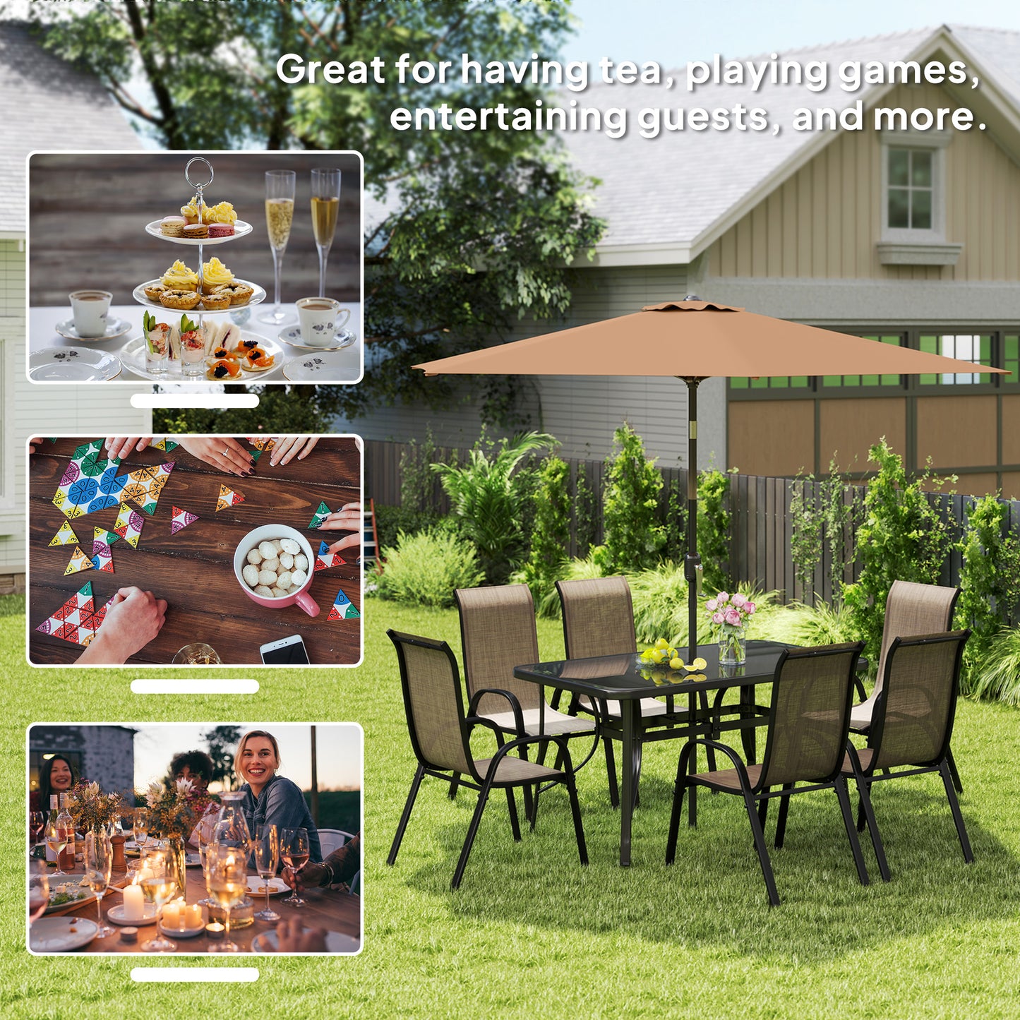 8-Piece Patio Dining Set with 9Ft Umbrella - Light Mixed Brown