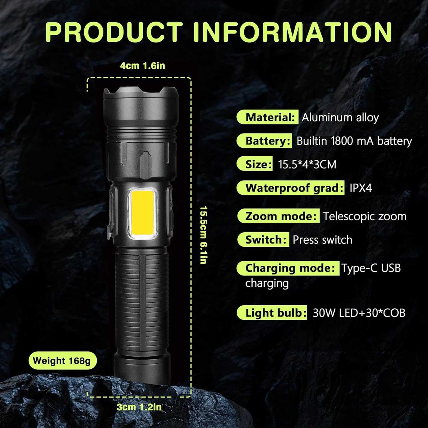 Black aluminum LED flashlight with yellow LED window and Type-C charging