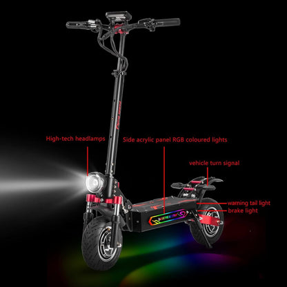 Black electric scooter with RGB side panel lights, front wheel and headlamp
