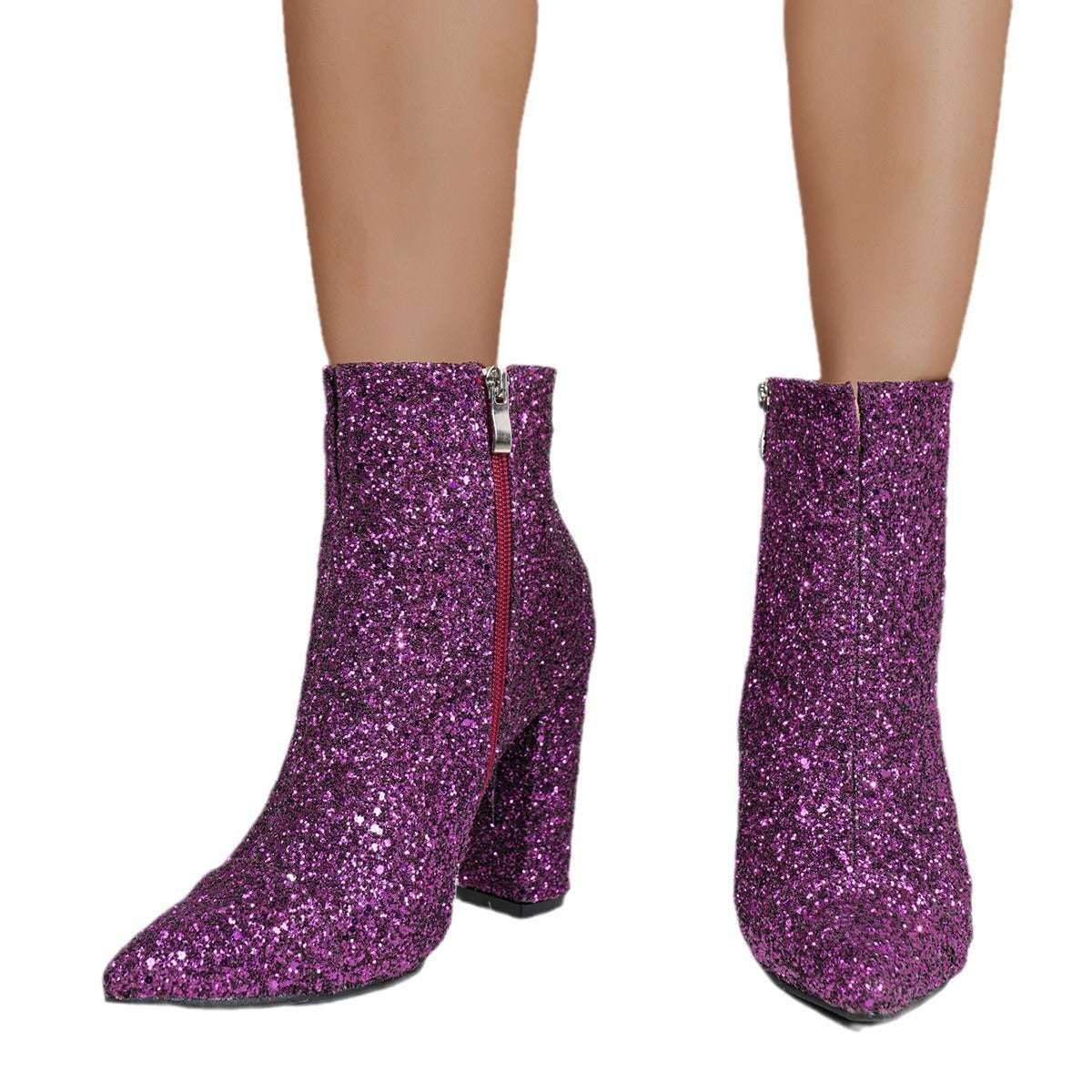 Plus Size Sequin Boots - Pointed Toe & Chunky Heel Autumn And Winter Plus Size Pointed Toe | Ectron Online