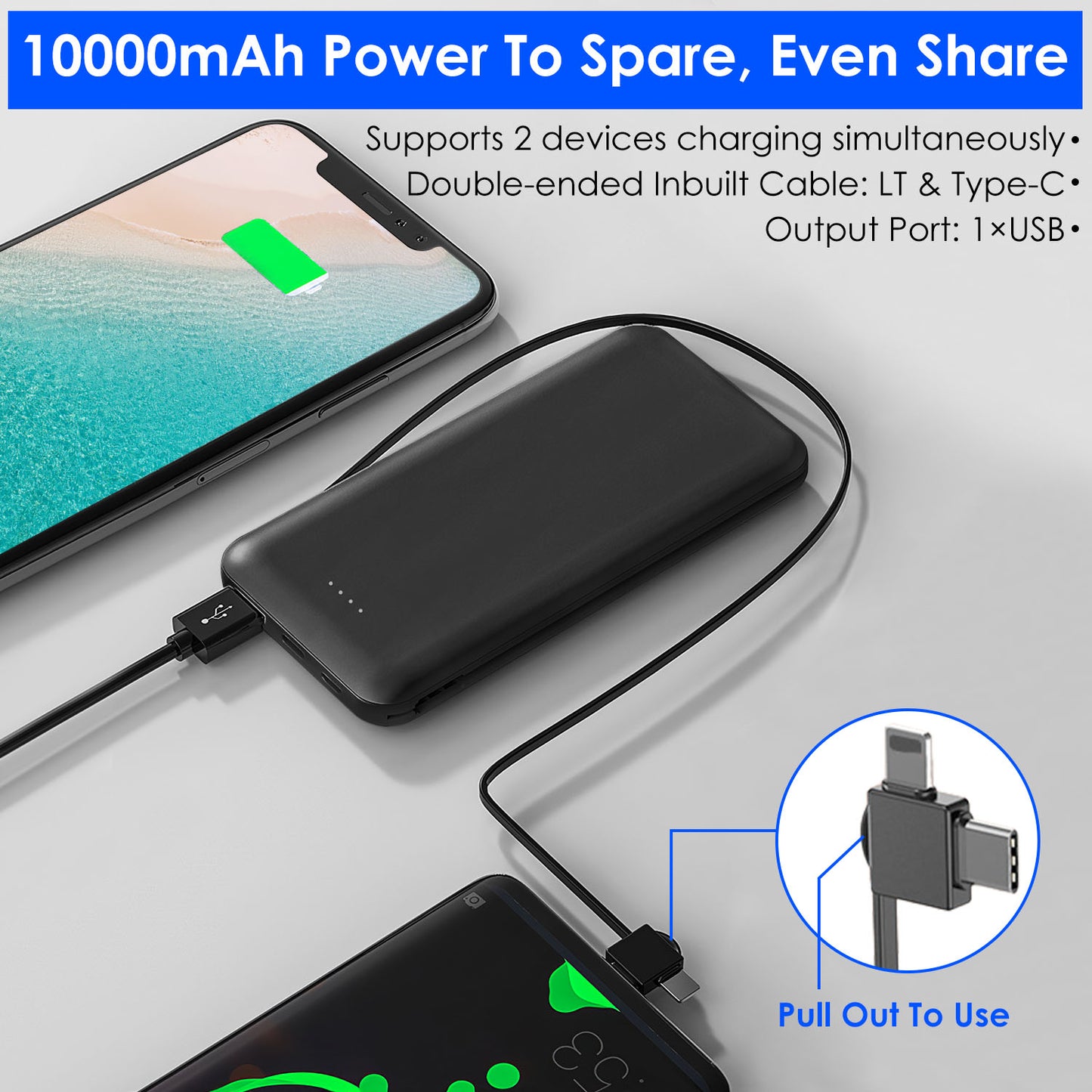 10000mAh Portable Power Bank with Built-in USB-C & Lightning Cables