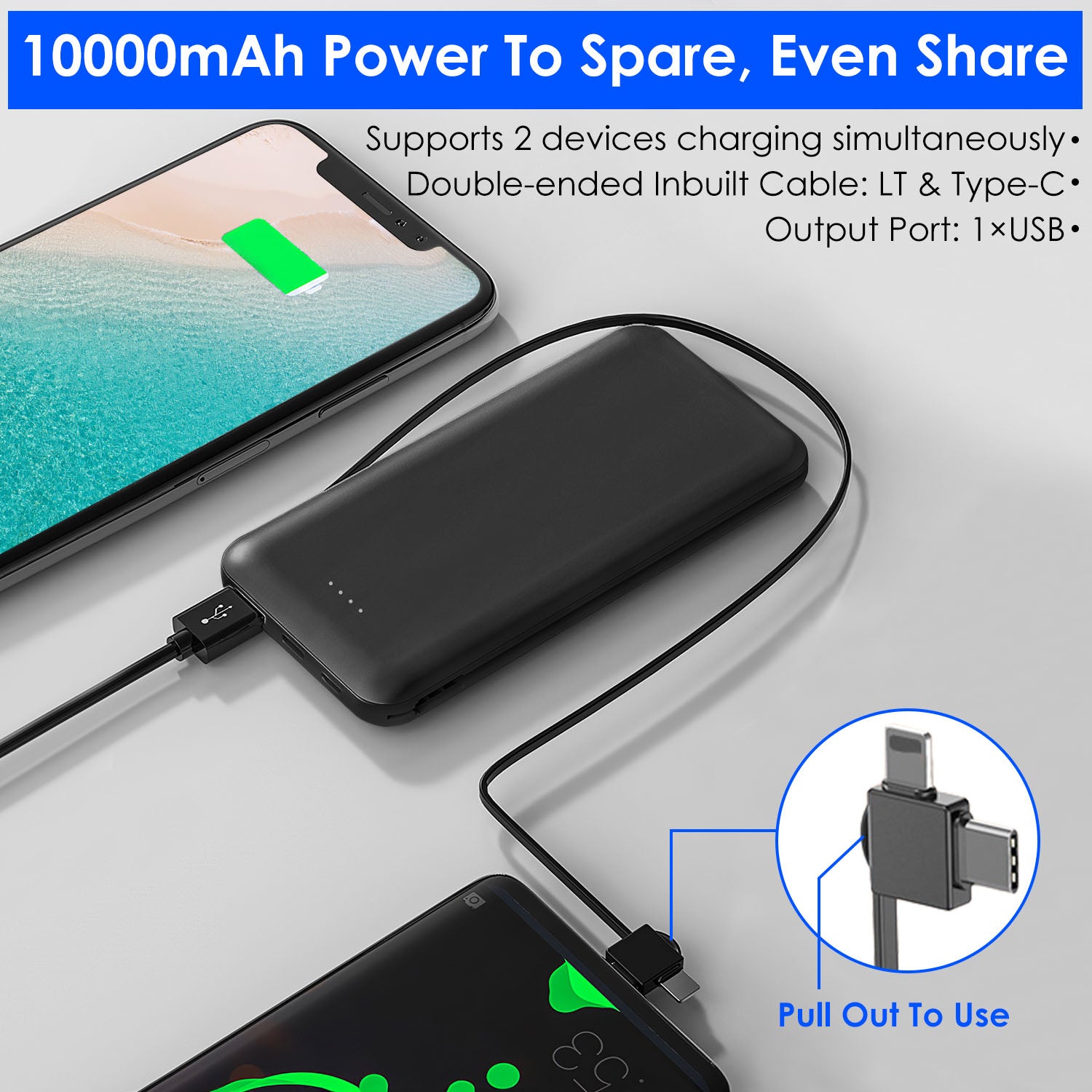 10000mAh Portable Power Bank with Built-in USB-C & Lightning Cables