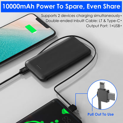 10000mAh Portable Power Bank with Built-in USB-C & Lightning Cables 1Pc 10000mAh Power Bank Portable Phone C | Ectron Online