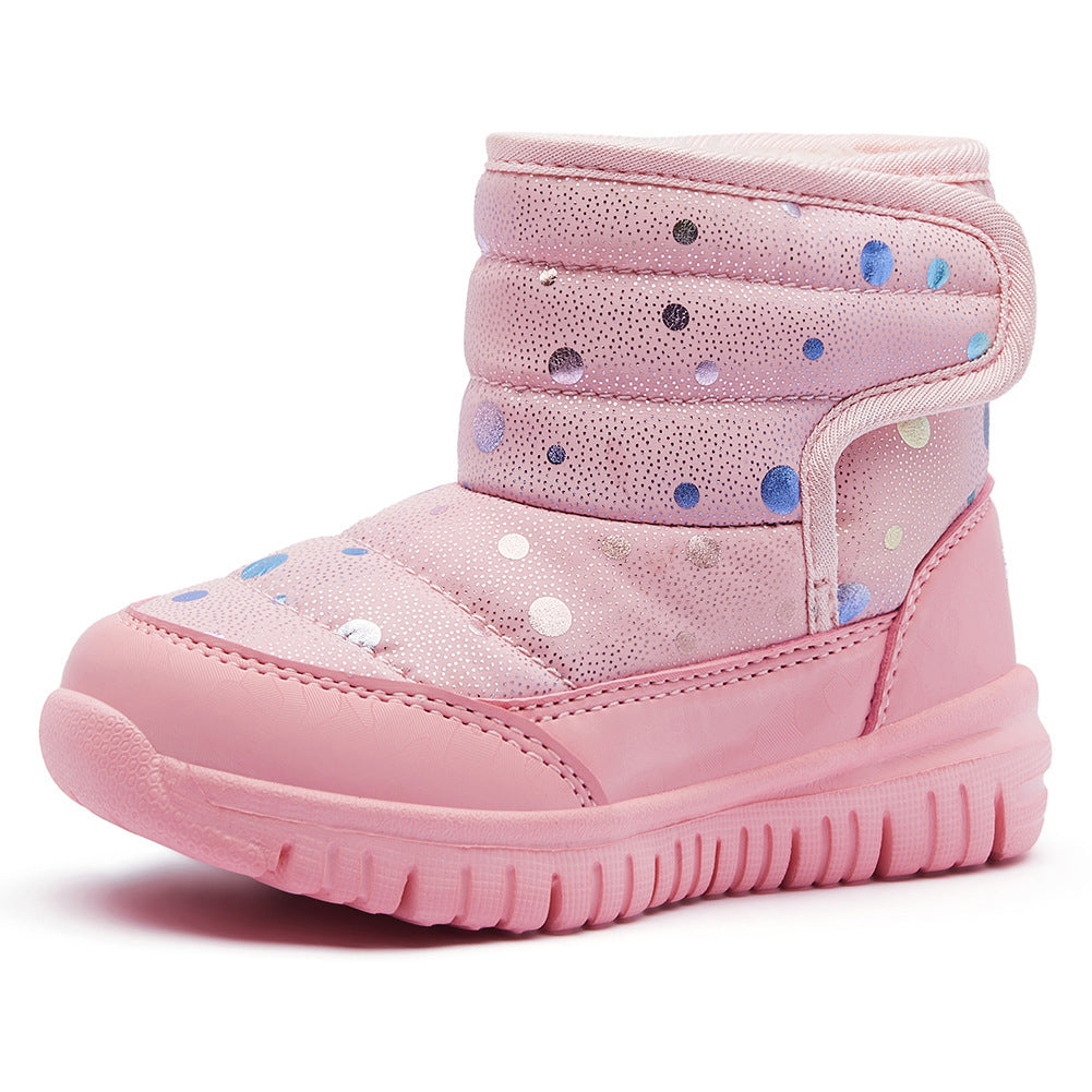 Kids snow boots in light pink with blue dot print, cushioned upper, rubber tread sole