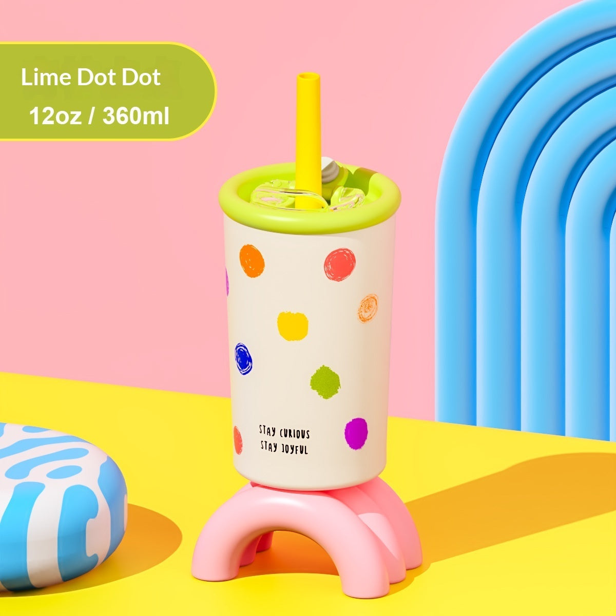 Kids leak-proof water bottle with lime dot pattern, yellow straw, and 360ml
