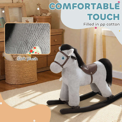 Gray plush rocking horse with rabbit accessory on black rocker base, shown in living space