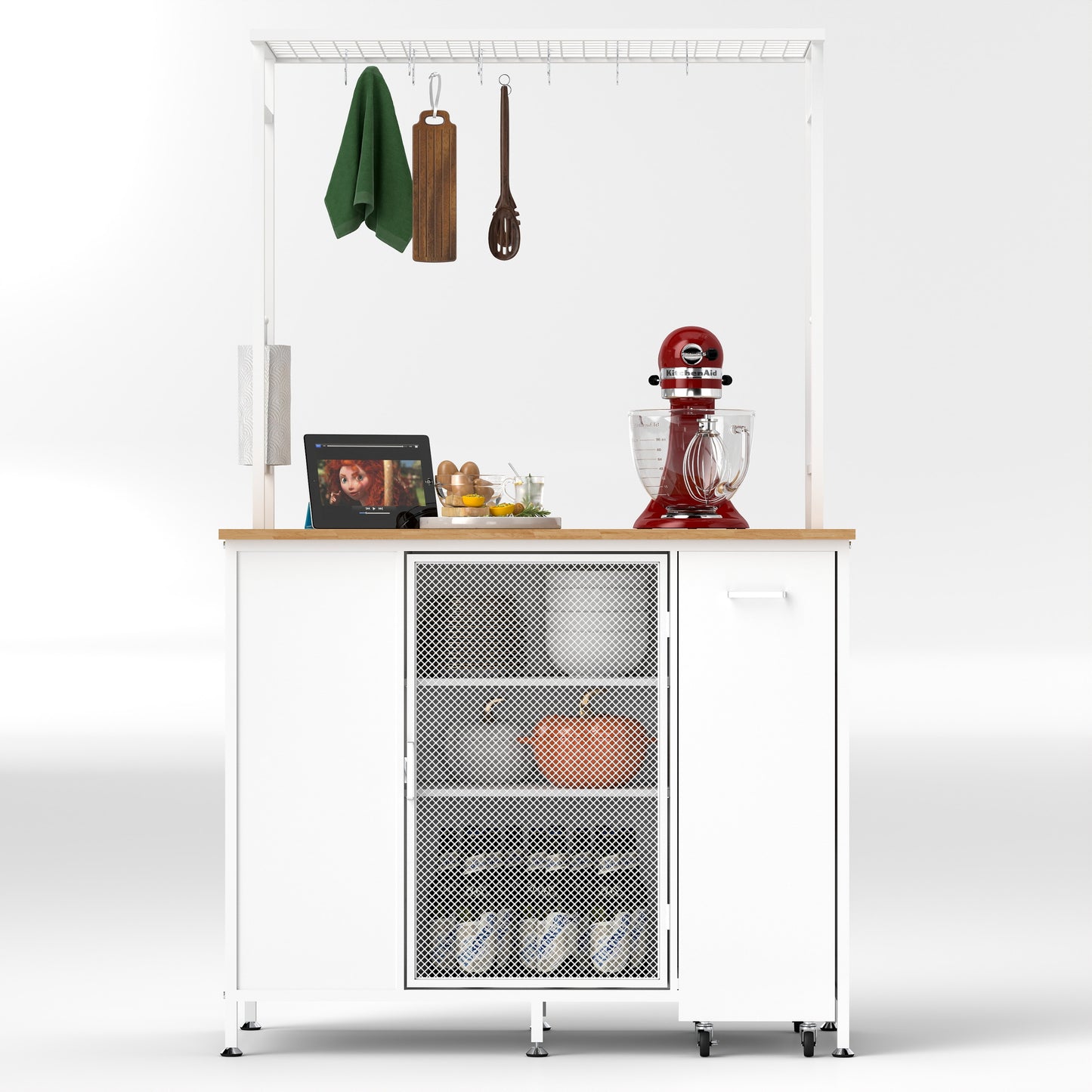 White Kitchen Island with Flip-Up Breakfast Bar and Storage Drawers