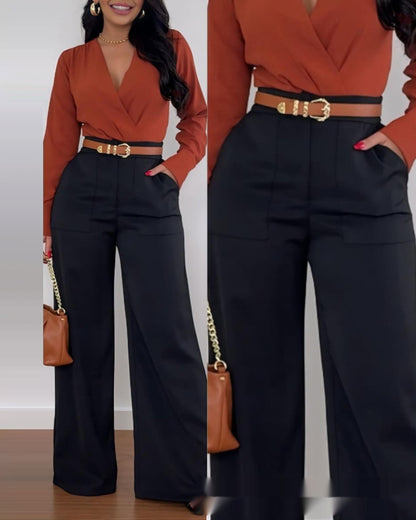 Dark navy wide-leg flared pants with belted waist