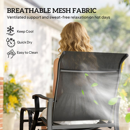 Black breathable mesh backrest on an outdoor glider chair with high curved back