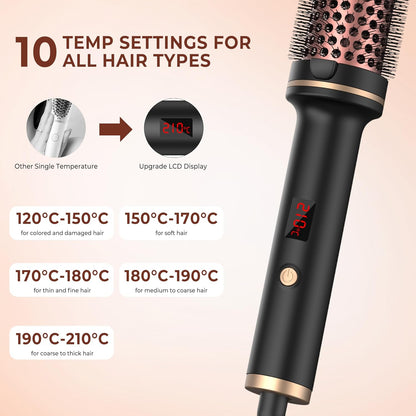 Black thermal brush curling iron with rose-gold barrel and small red LCD temperature display