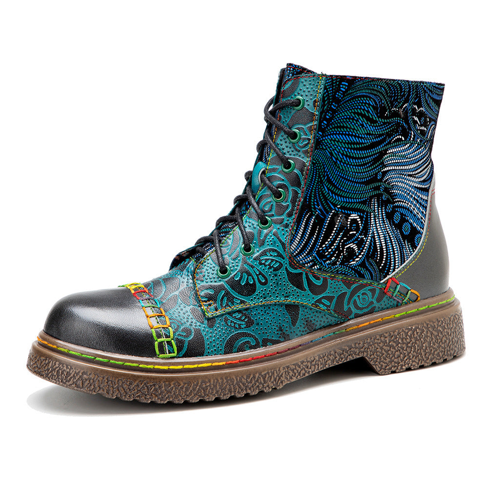 New Leather Hand Painted Printed Comfortable Flat Boots