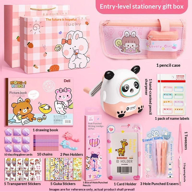 Pink stationery gift box with panda pencil case, notebooks, pencils, and erasers