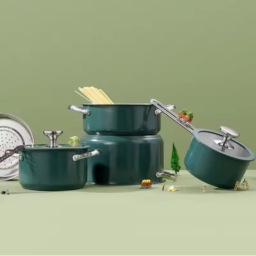 9 Pcs Green Stainless Steel Ceramic Coated Cookware Set with Steamer