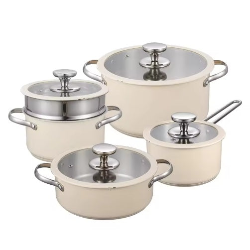 9 Pcs Stainless Steel Ceramic Coated Cookware Set with Lids & Steamer