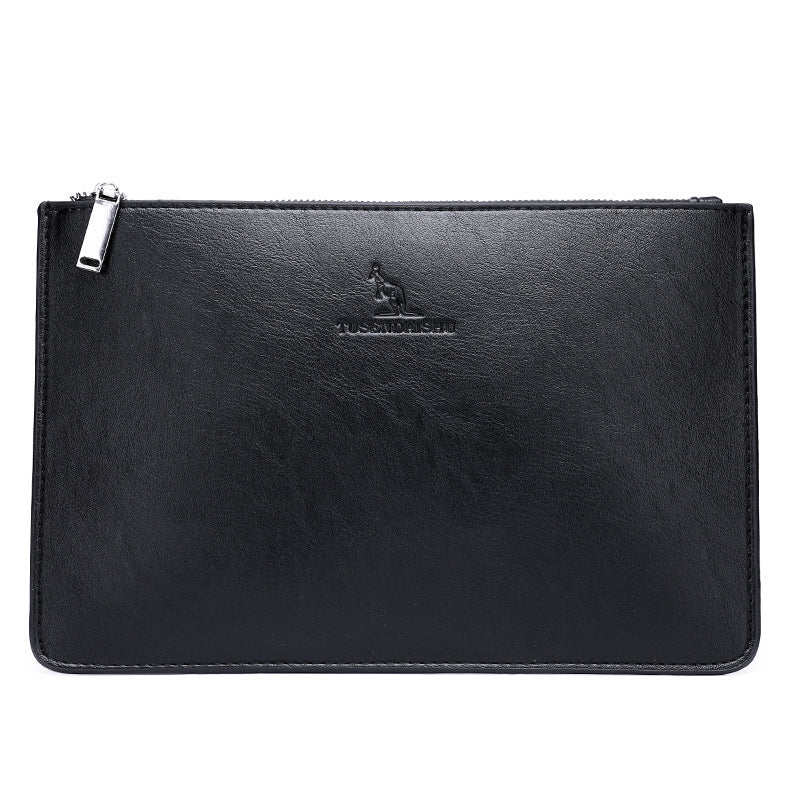 Embossed logo PU leather clutch with zip top, black