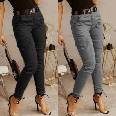 European And American Women's Trousers, Low-waisted Buttons, Solid Color Pockets