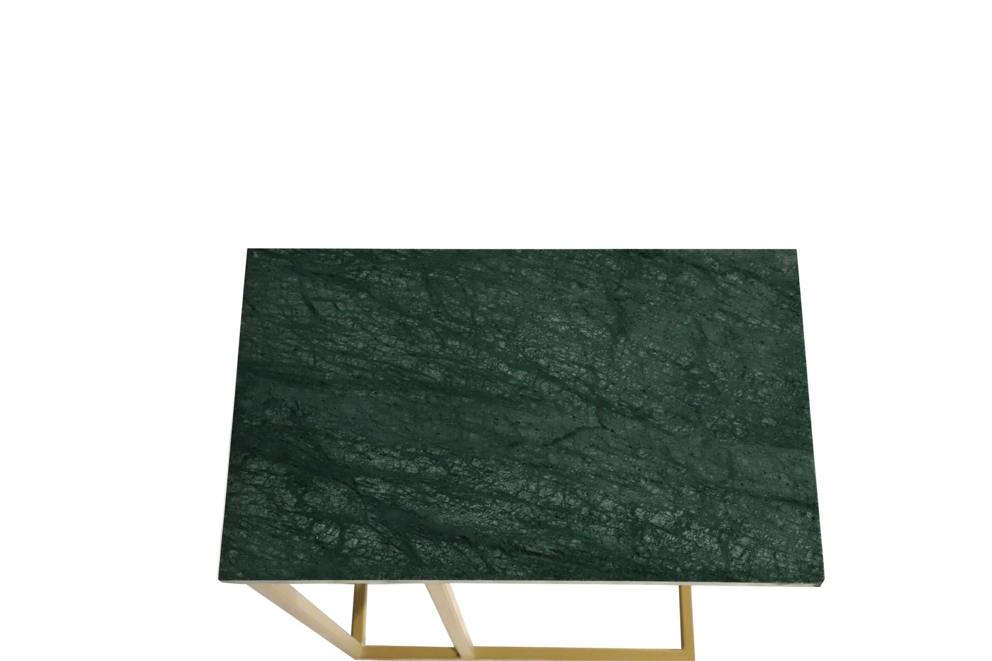Rectangular dark green marble top on gold metal side table frame