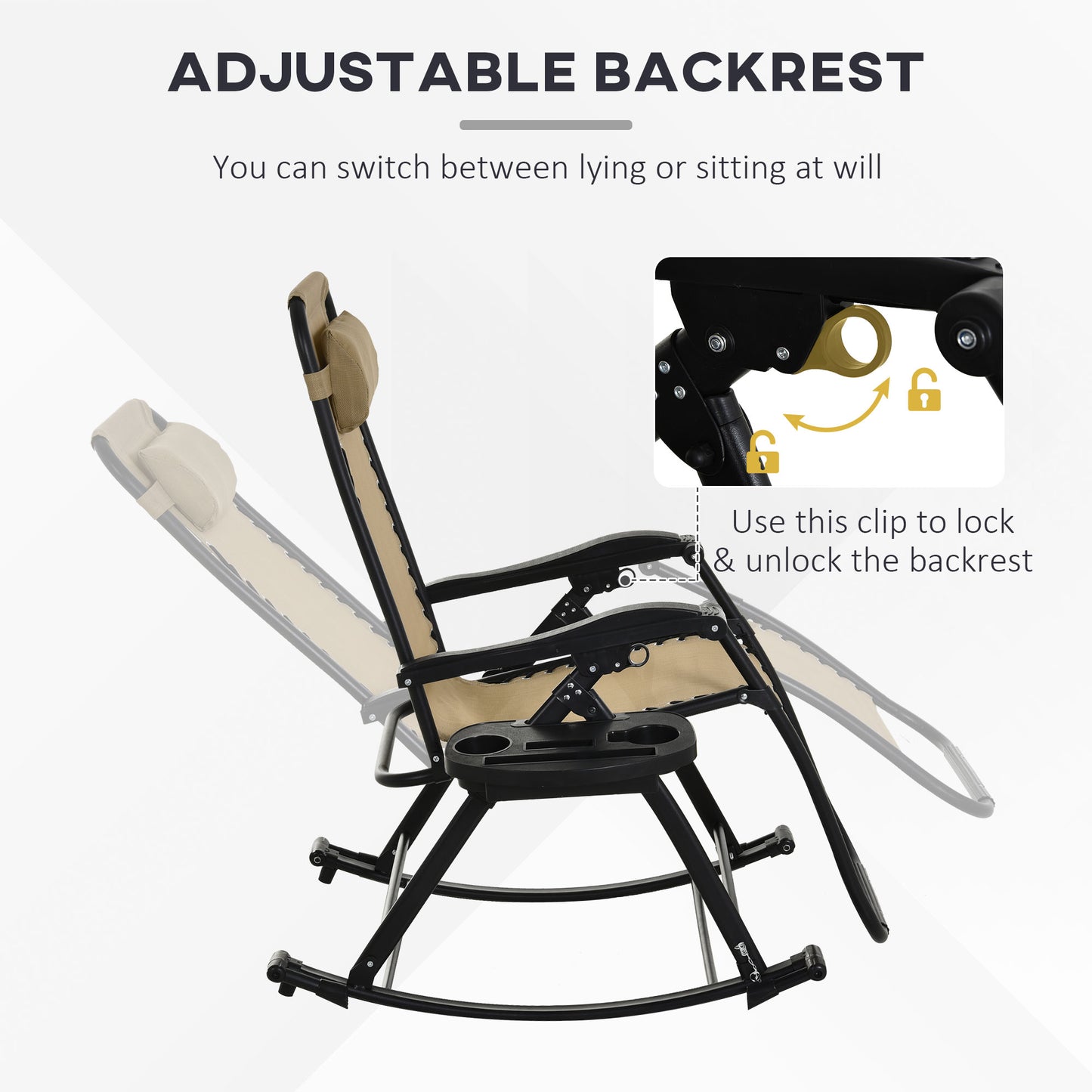 Set of 2 Foldable Zero Gravity Rocking Chairs with Pillow & Holder