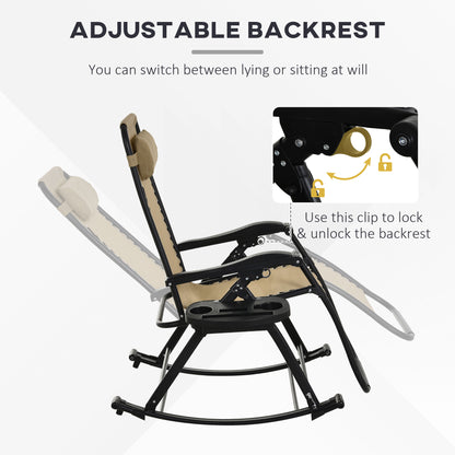 Adjustable folding zero-gravity rocking chair with beige seat and pillow, black steel frame.