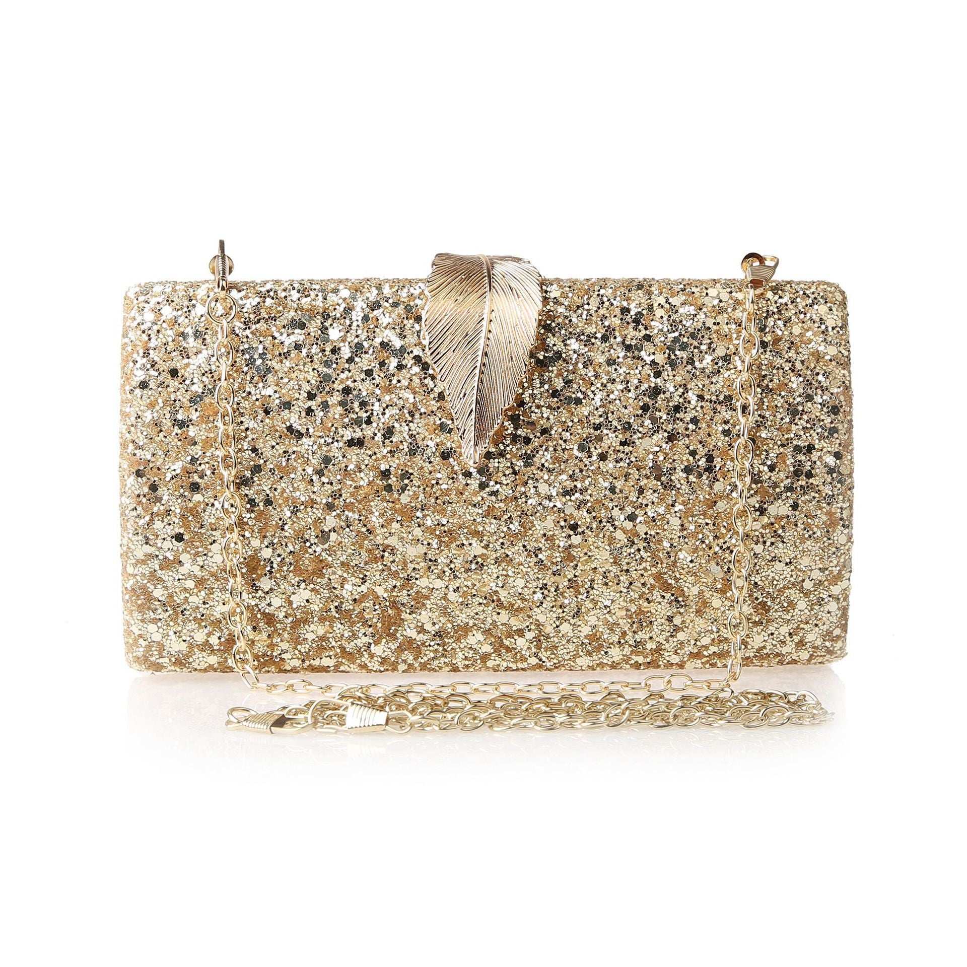 Gold sequin square clutch with gold feather clasp and chain strap.