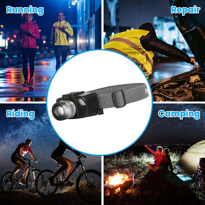 Black LED headlamp with elastic strap and focused beam lens