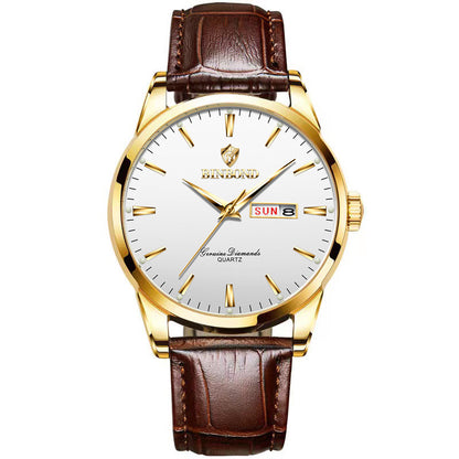 Gold-tone quartz wristwatch with brown leather strap and day-date window, white dial
